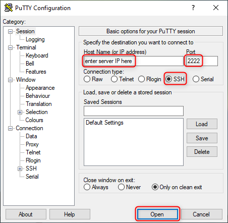 Download the PuTTY client and then Launch the executable file