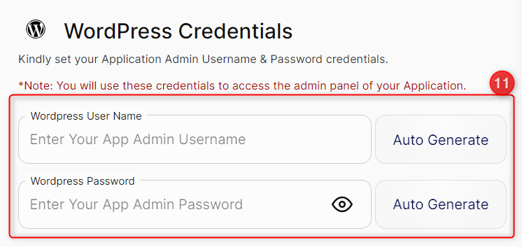 Step # 11: Set your application admin credentials.