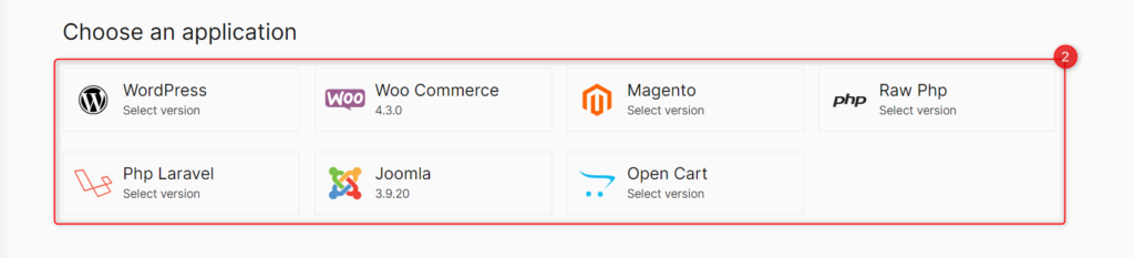 Step # 2: Choose your desired web application and its version.