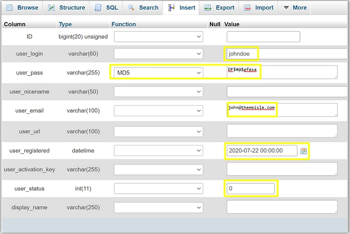 add some of your core details like ID, user_login, user_pass, user_email, user_registered and user_status