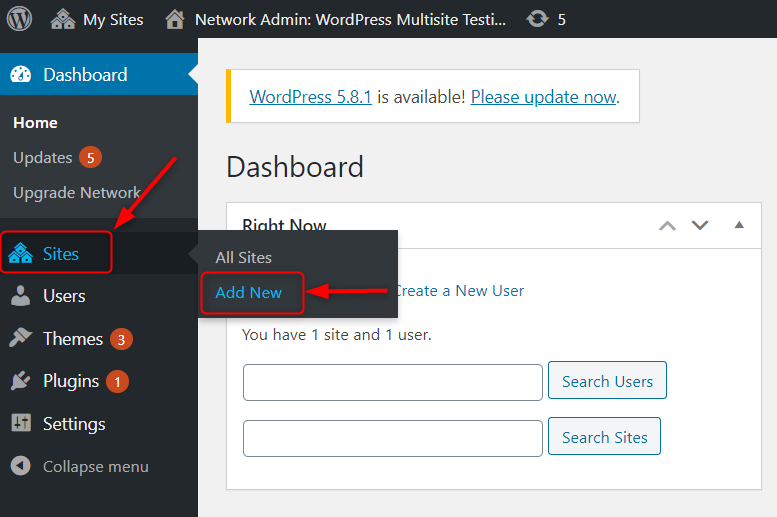 Hover the mouse on Sites and click on Add New