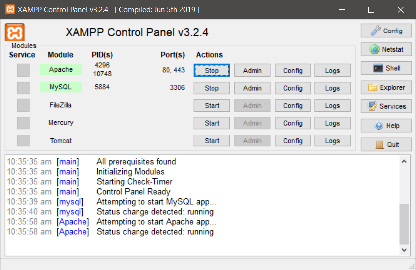 Open the XAMPP control panel and start Apache and MySQL.