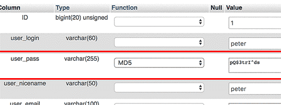 Select MD5 from Function column