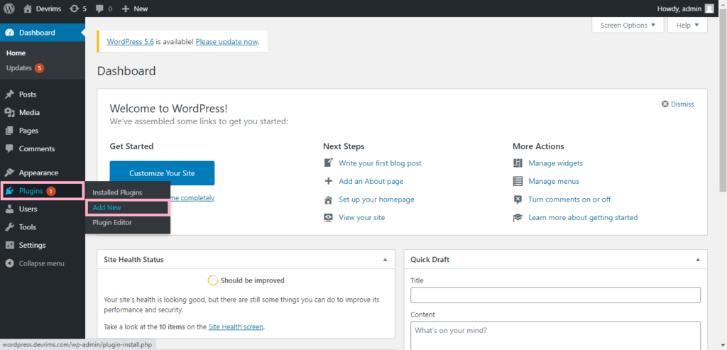 click on the Plugins from the left column and click on Add New