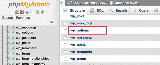 click on wp_options table from the left column