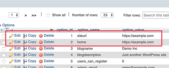 locate the rows where option_name is siteurl and home