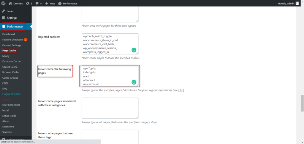 Go to W3TC’s “Page Cache” settings and add the URLs