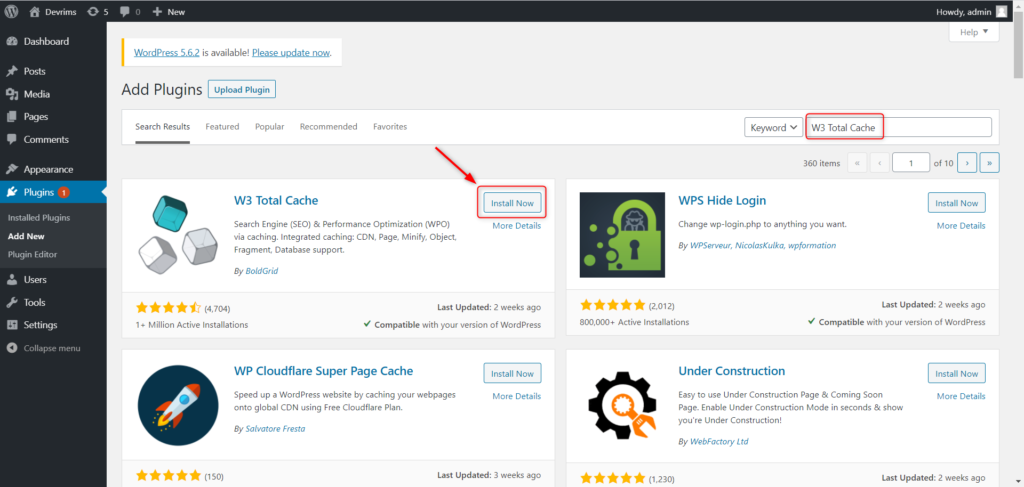 type W3 Total Cache and then click on the install now button
